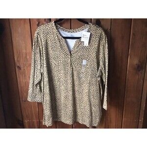 Kim Rogers Perfectly Soft Tee 1X Leopard Print Henley 3/4 Sleeve Casual NWT